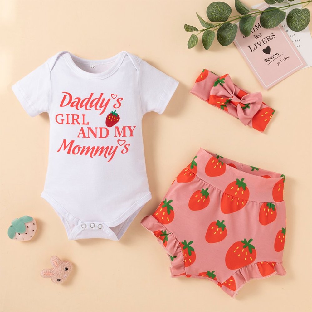 Daddy's Girl & My Mommy's Baby Romper, Strawberry Shorts & Headband 3pcs Outfit